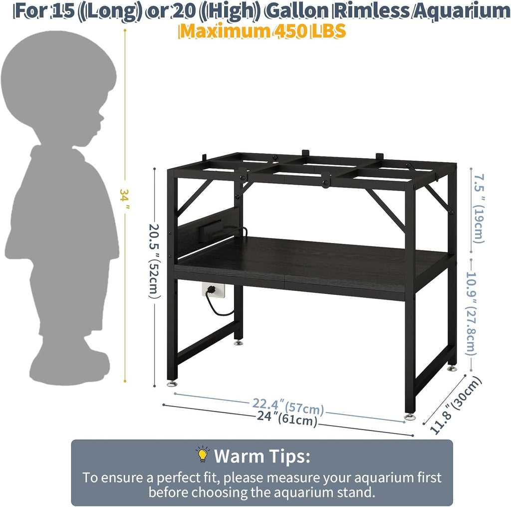 15-20 Gallon Fish Tank Stand with Power Outlets, Aquarium Stand with 2-Tier Storage Shelves,Heavy Metal Reptile Tank Stand Fish Tank Shelf for Home Office,Black
