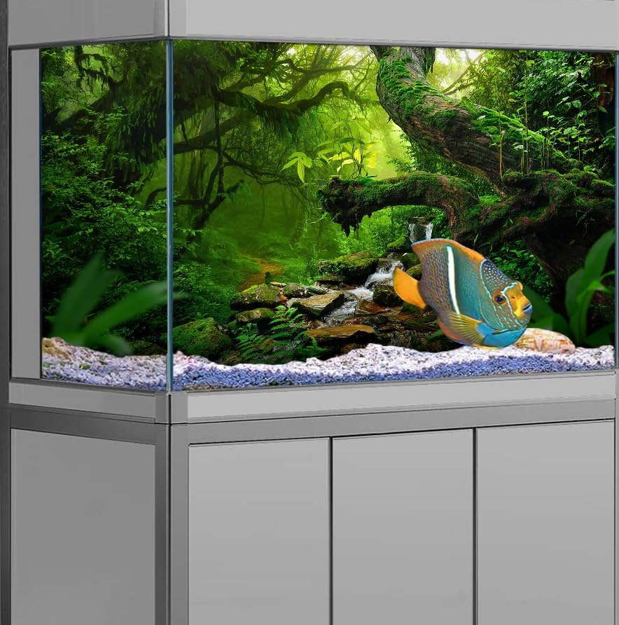 30X18IN Tropical Forest Green Huge Tree Reptile Habitat Aquarium Background, Green Natural Landscape Rainforest Fish Tank Decorations Background, Nature Art Terrarium Background