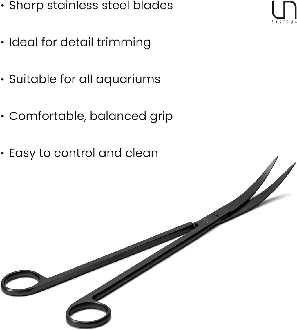 UNS Aquascaping Tools - Stainless Steel, Rust Resistant, Freshwater Planted Tank, Saltwater Reef Aquarium Maintenance Accessory - Trimming Stems & Carpets, Coral Cutting - Curved Scissors, Black
