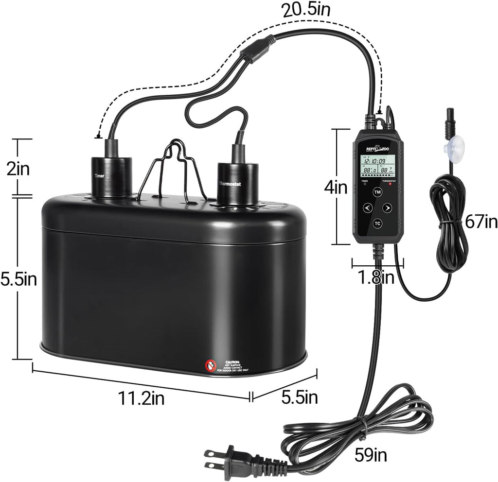 REPTI ZOO Reptile Light Fixture with Thermostat and Timer, Dual Deep Dome Fixture with PID Reptile Dimming Thermostat Switching Thermostat Heat Lamp Temperature Controller and Timing Function