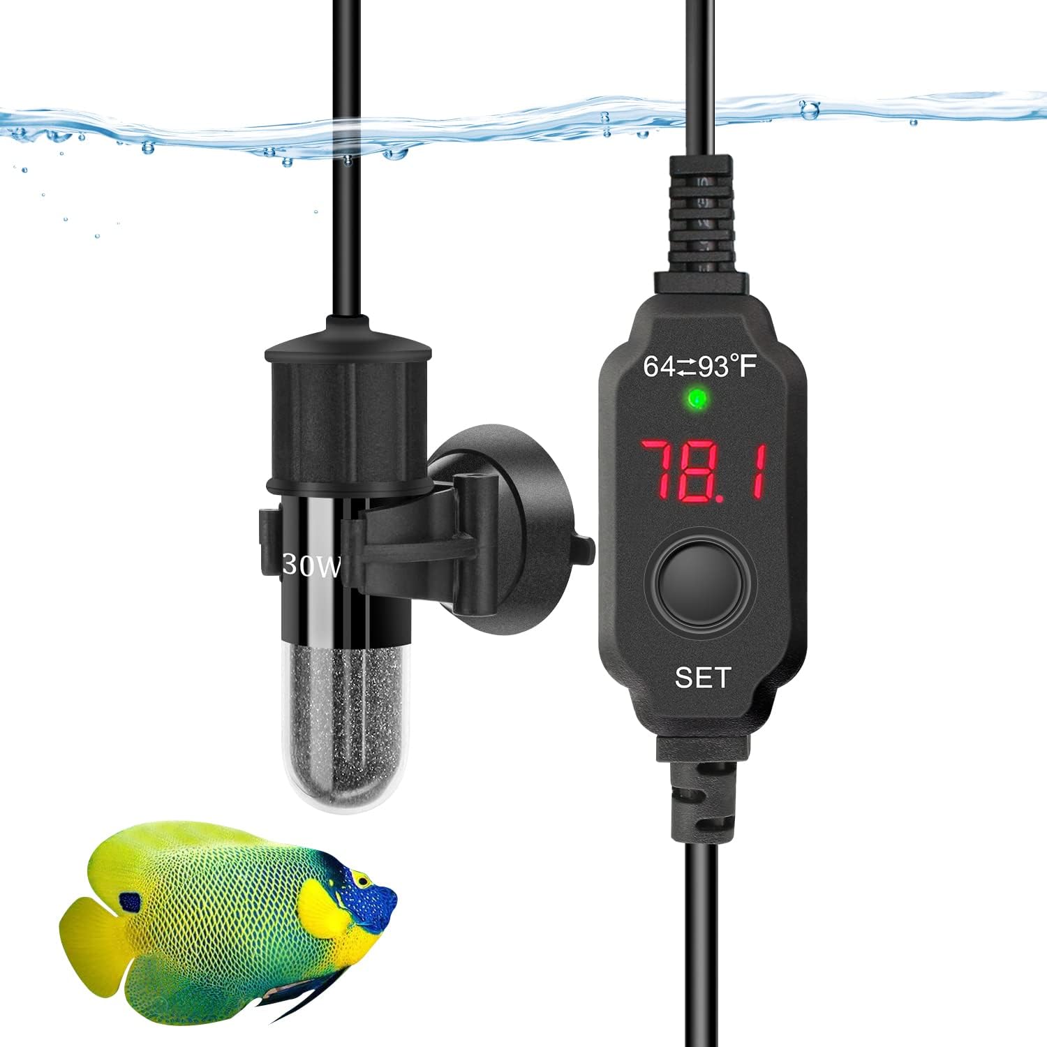 Adjustable Mini Aquarium Heater 0.5/1/2/3 Gallon Submersible Small Fish Tank Heater 10W/20W/30W Digital Display Thermostat External Temperature Controller(30W)
