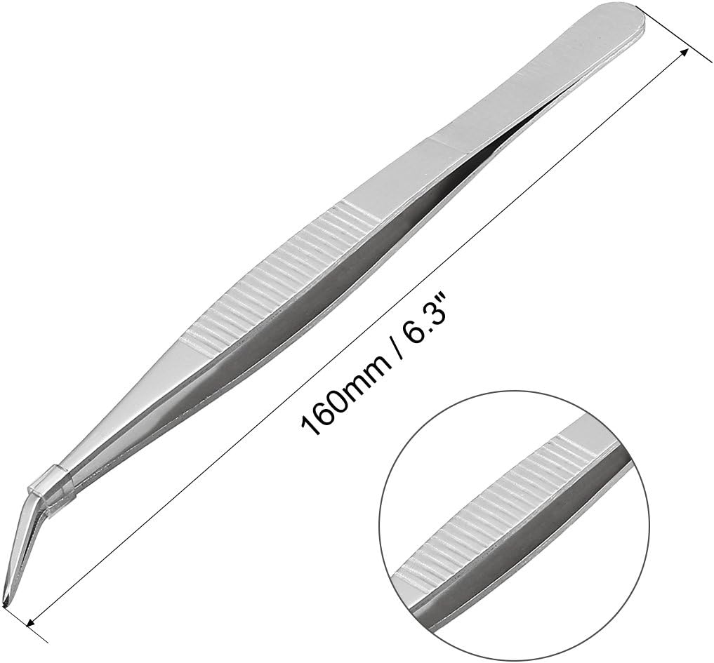 uxcell 6.3-Inch Stainless Steel Tweezers with Curved Pointed Serrated Tip
