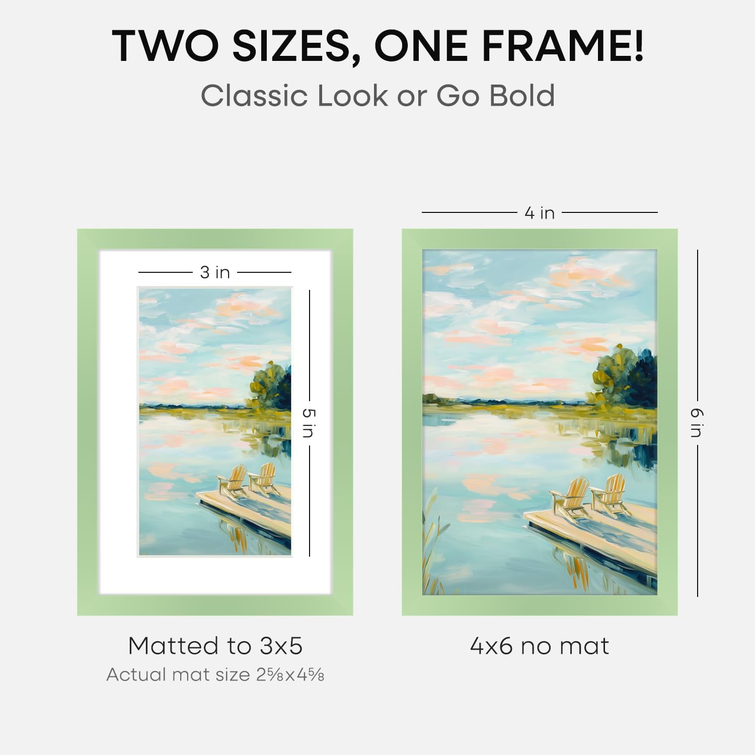 Homeforia Sage Green 4x6 Picture Frame, High End Metal 4 x 6 Frames with Mat 3 x 5 for Print, 4by6 Desk Frame Matted to 3x5 in Photo, 4 by 6 Wall or Tabletop Frames, Tempered Glass, Wall Kit, Set of 2