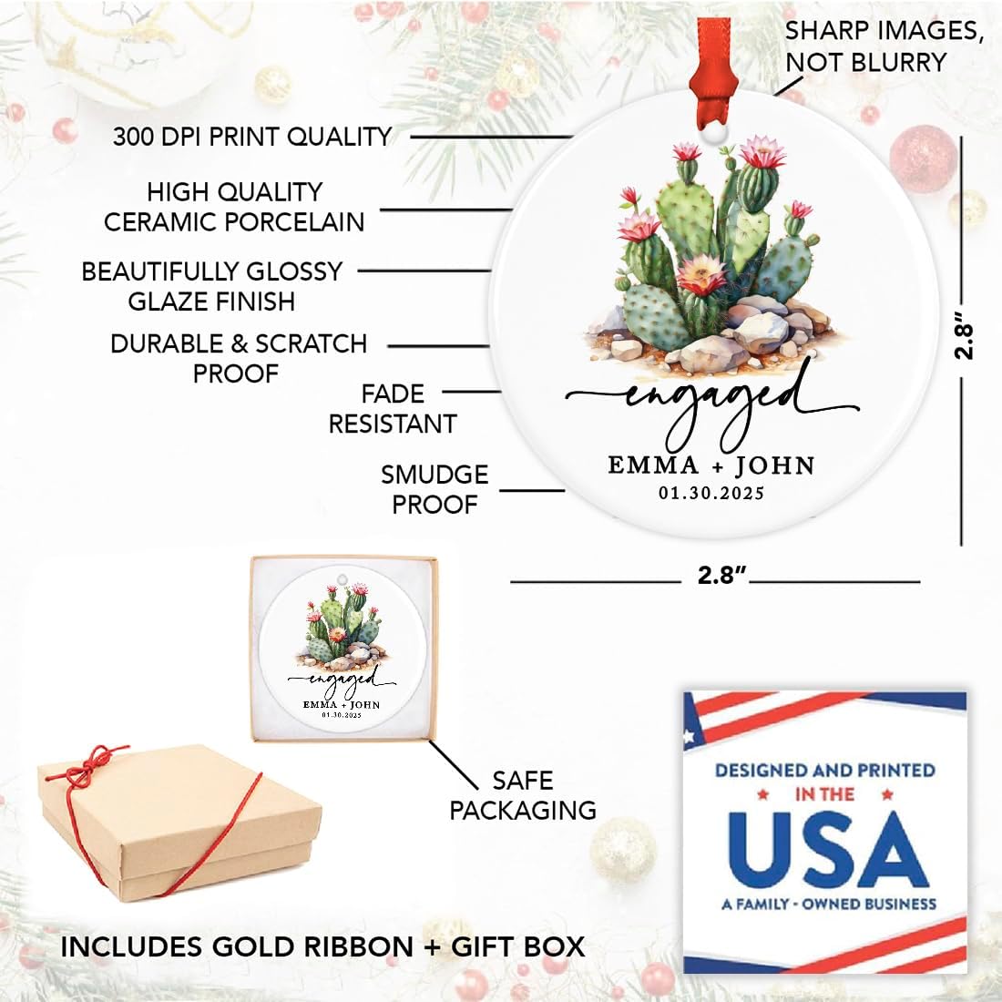 Andaz Press 2.8" Ceramic Porcelain Personalized Christmas Cactus Ornament, Engaged Flowering Cactus, Custom Cactus Christmas Ornaments, Succulent Ornament Cactus Decor, Engagement Gift for Couples