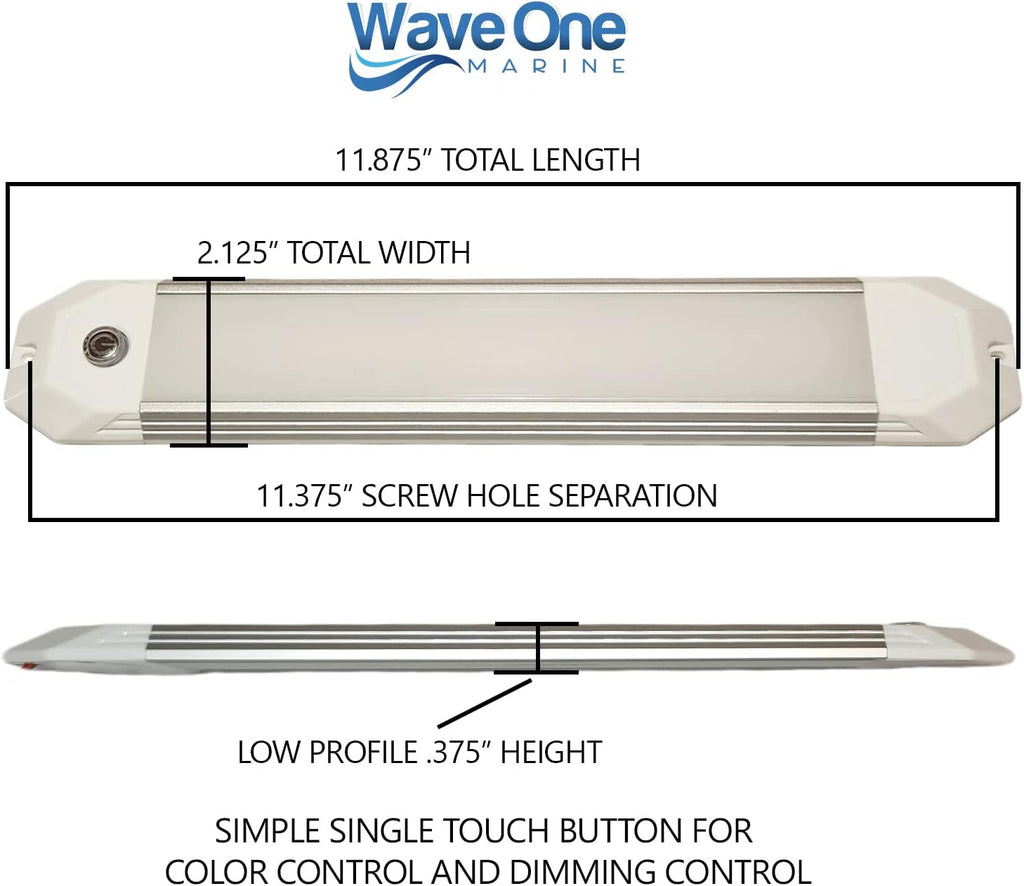 Wave One Marine 12" Dual Color Dimmable Dome Boat Light | 12V Volt RV Aluminum Housing Touch Dimmer Switch | IP67 Waterproof Interior Exterior (White | Red)