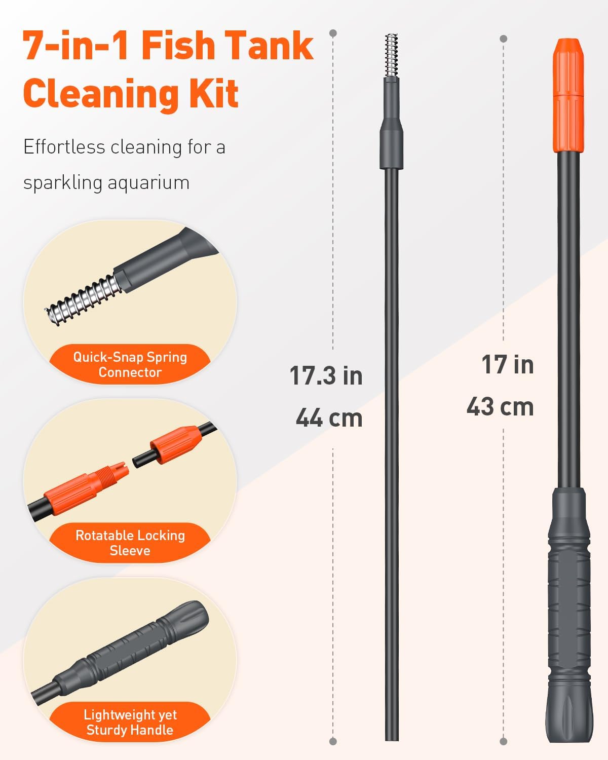 Pawfly Aquarium Cleaning Tools, 7 in 1 Fish Tank Cleaning Kit, Algae Scraper, Sponge Scrubber Pad, Brush, Gravel Rake & Fish Net with Adjustable Long Handle, Fish Tank Cleaner Set