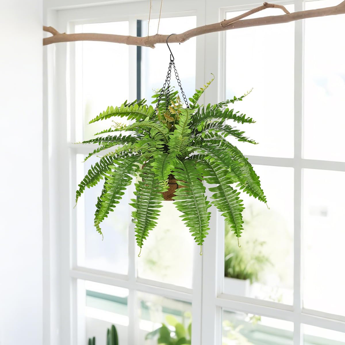 Fake Hanging Plants Large Boston Fern Artificial Plants Outdoor Realistic Fake Ferns with Palm Basket Silk Plants Ferns Hanging Plant Artificial Decor for Home Front Porch Window Garden - Green