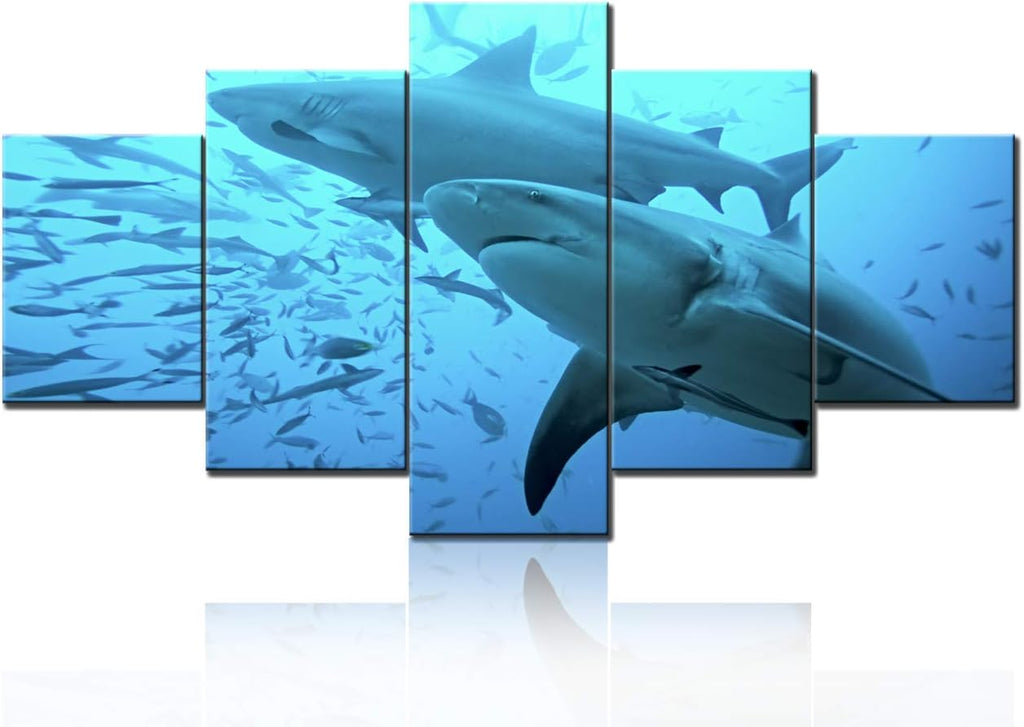 Living Room Wall Decor Shark with Small Fish in the Deep Wate Pictures Blue Wall Art 5 Panels Printed on Canvas Paintings Seascape Artwork for Home Stretched and Framed Ready to Hang(60''Wx32''H)