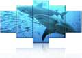 Living Room Wall Decor Shark with Small Fish in the Deep Wate Pictures Blue Wall Art 5 Panels Printed on Canvas Paintings Seascape Artwork for Home Stretched and Framed Ready to Hang(60''Wx32''H)
