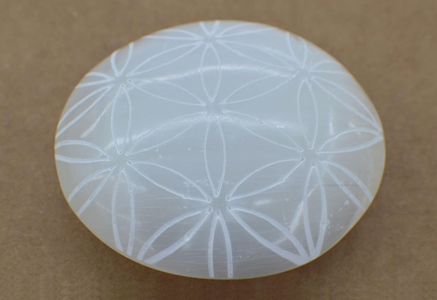 Amazing Gemstone Selenite Palm Stone - Flower of Life Engraved Hot Massage Worry Stone for Natural Body Chakra Balancing, Reiki Healing and Crystal Grid