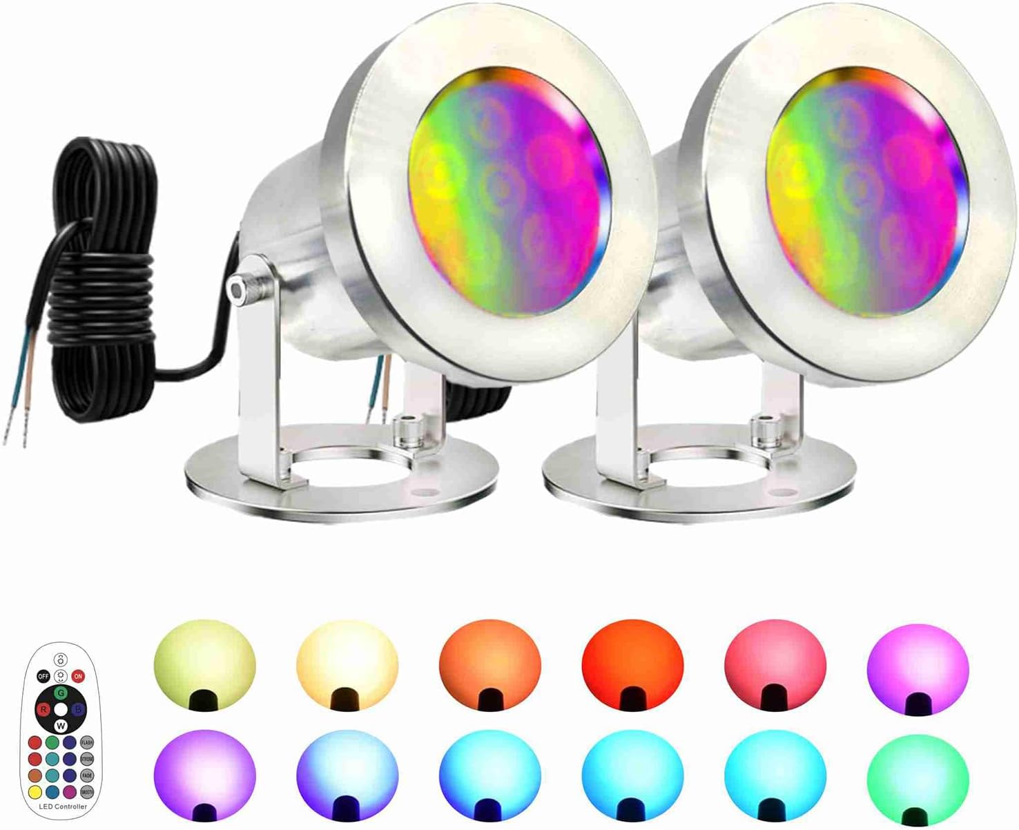 LED Pond Lights with Remote Control, 6W SS316 Stainless Steel RGB Underwater Fountain Light IP68 Waterproof Outdoor Underwater Lights for Pond Waterfall (2)