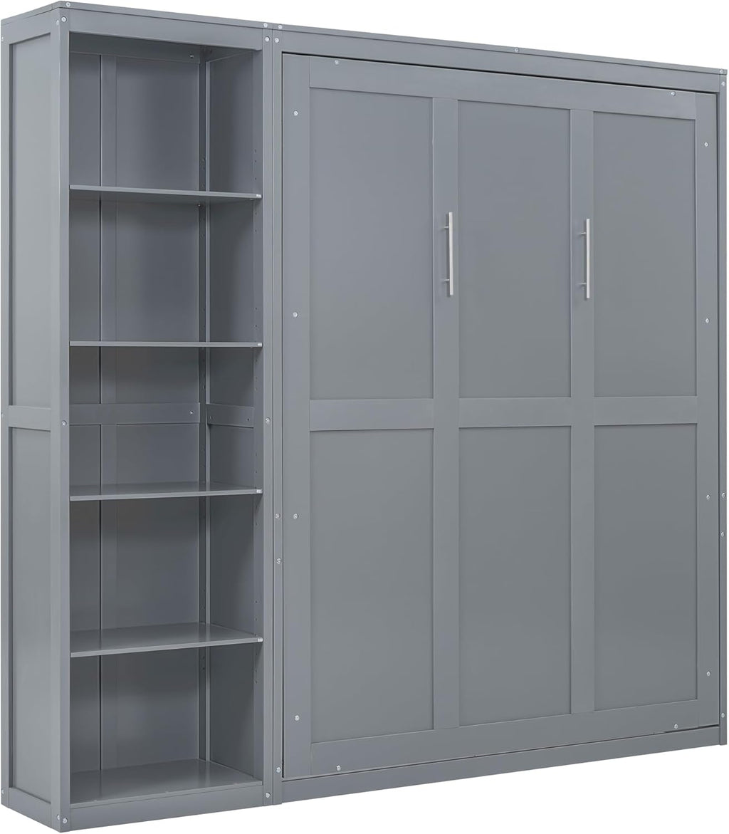 MERITLINE Queen Murphy Bed with Storage Bookcase Shelves,Wood Folding Grey Murphy Wall Bed Cabinet