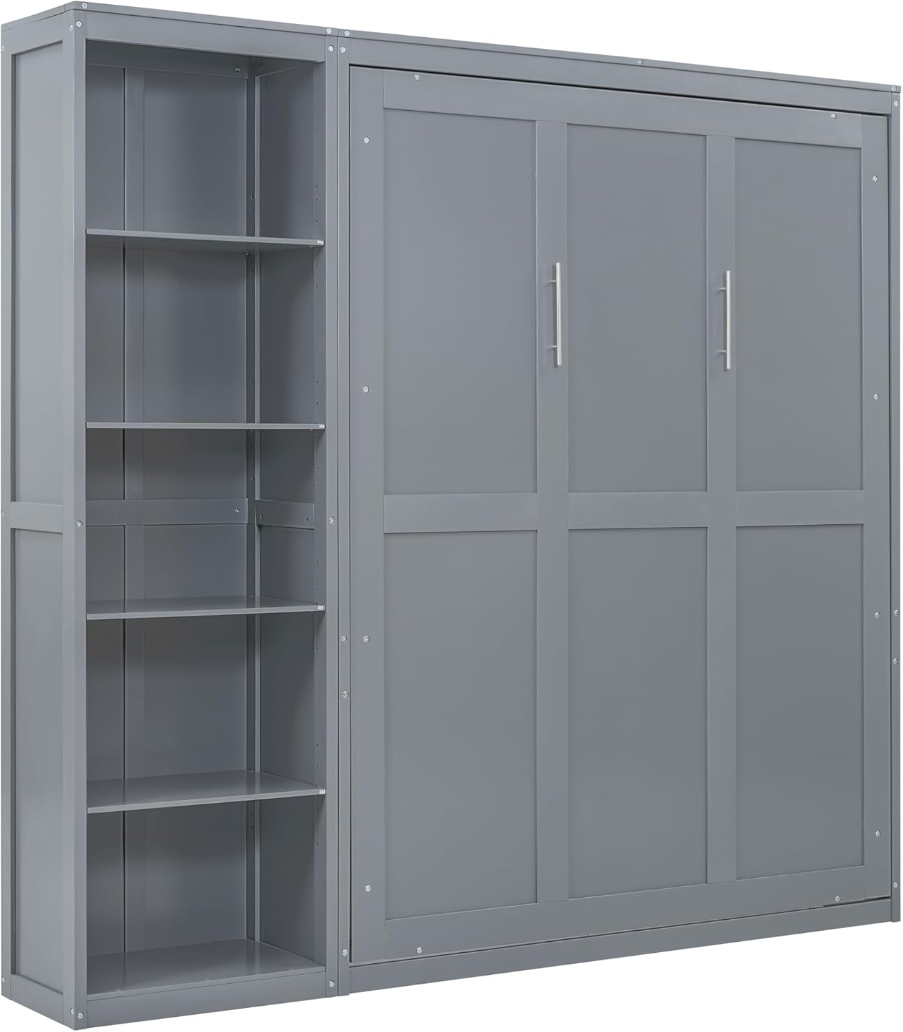MERITLINE Queen Murphy Bed with Storage Bookcase Shelves,Wood Folding Grey Murphy Wall Bed Cabinet
