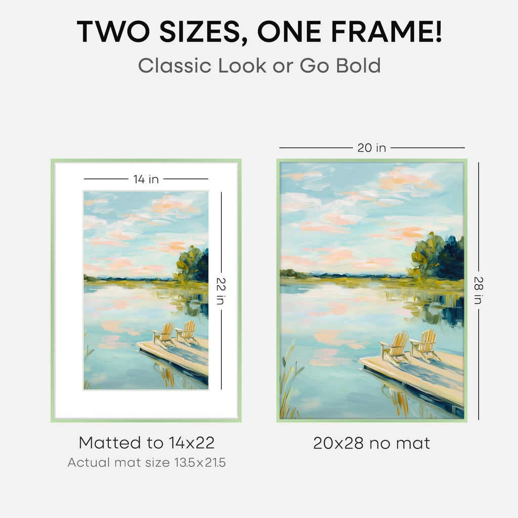 Homeforia 20x28 Frame Sage Green, High End Metal 20x28 Poster Frames with Mat 14x22 inch Photo, 20 x 28 Sage Green Picture Frame Matted to 14 by 22 Art, 28x20 Frame, Tempered Glass, Wall Kit, Set of 1