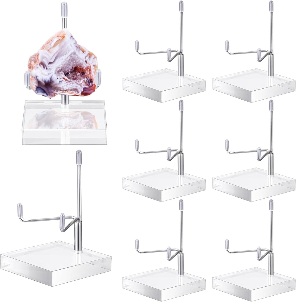 Kigley 8 Pcs Adjustable Metal Arm Display Stand Crystal Holder Easel Display with Acrylic Base Easel Rock Mineral Stand for Geodes Mineral Agate Collection(Silver,3.15 x 3.15 x 4.92 Inches)