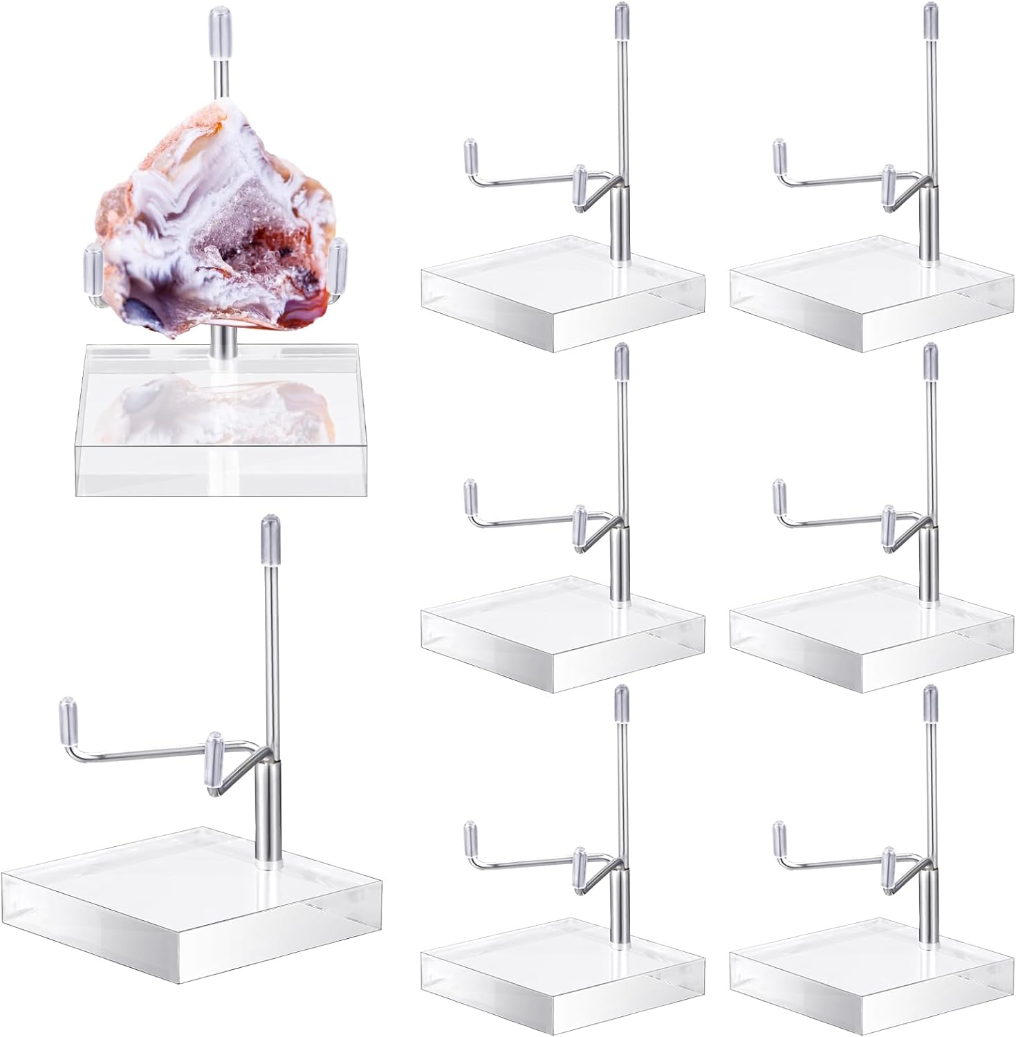Kigley 8 Pcs Adjustable Metal Arm Display Stand Crystal Holder Easel Display with Acrylic Base Easel Rock Mineral Stand for Geodes Mineral Agate Collection(Silver,3.15 x 3.15 x 4.92 Inches)
