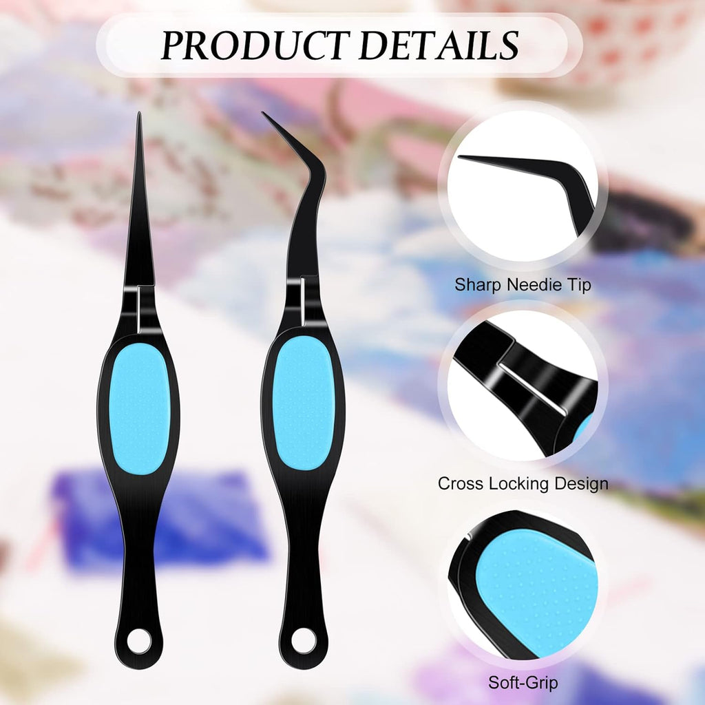 Chumia Reverse Tweezers Craft Crossing Lock Tweezers Reverse Grip Precision Curved Bent Straight Fine Tip for Craft Jewelry Beading Electronic Laboratory Work(Black and Blue)