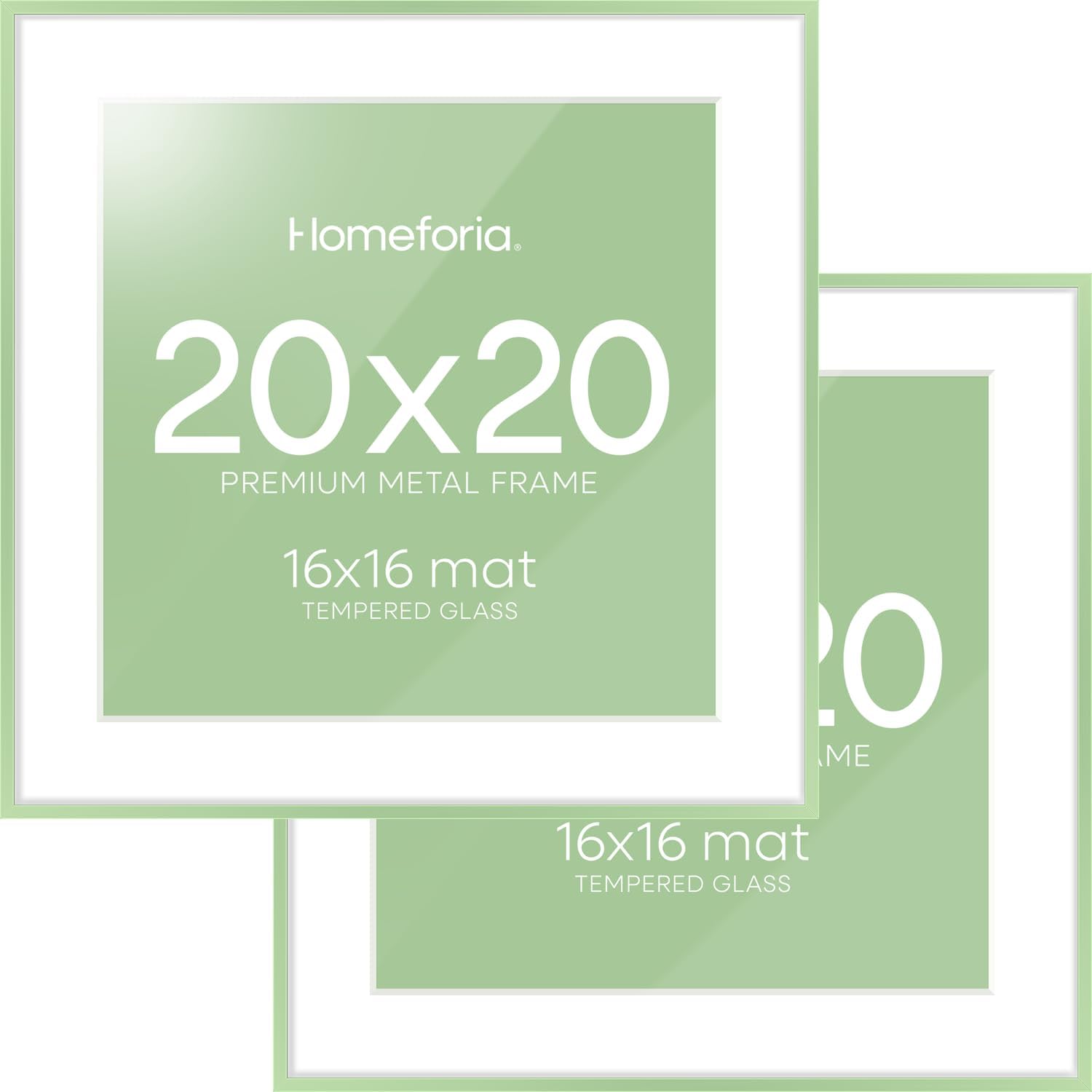 Homeforia 20x20 Picture Frame Sage Green, High End Metal 20 x 20 Square Poster Frames with Mat 16 x 16 Photo, 20x20 Frame Matted to 16x16 Art, 20by20 Hanging Frames, Tempered Glass, Wall Kit, Set of 2