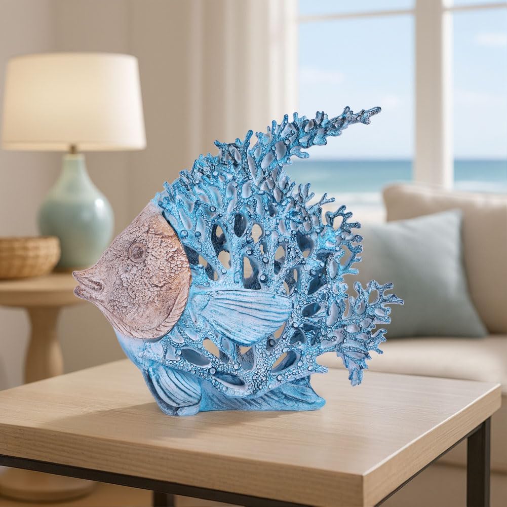 Beach Coastal Decor Turquoise Coral Reef Angelfish Figurines, Modern Nautical Decor Ocean Centerpieces for Living Room, Bathroom, Office, Coffee Table, Beach House, Seaside, Entrance, Shelf Decorative