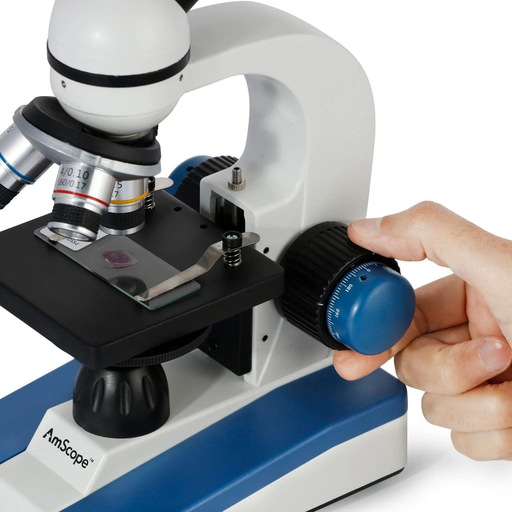 AmScope M150C-PS25-WM Compound Monocular Microscope, WF10x and WF25x Eyepieces, 40x-1000x Magnification, LED Illumination, Brightfield, Single-Lens Condenser, Coaxial Coarse and Fine Focus, Plain Stage, 110V, Includes Set of 25 Prepared Slides and Book