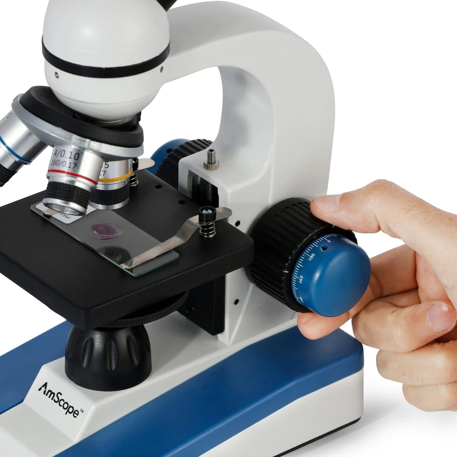 AmScope M150C-PS25-WM Compound Monocular Microscope, WF10x and WF25x Eyepieces, 40x-1000x Magnification, LED Illumination, Brightfield, Single-Lens Condenser, Coaxial Coarse and Fine Focus, Plain Stage, 110V, Includes Set of 25 Prepared Slides and Book