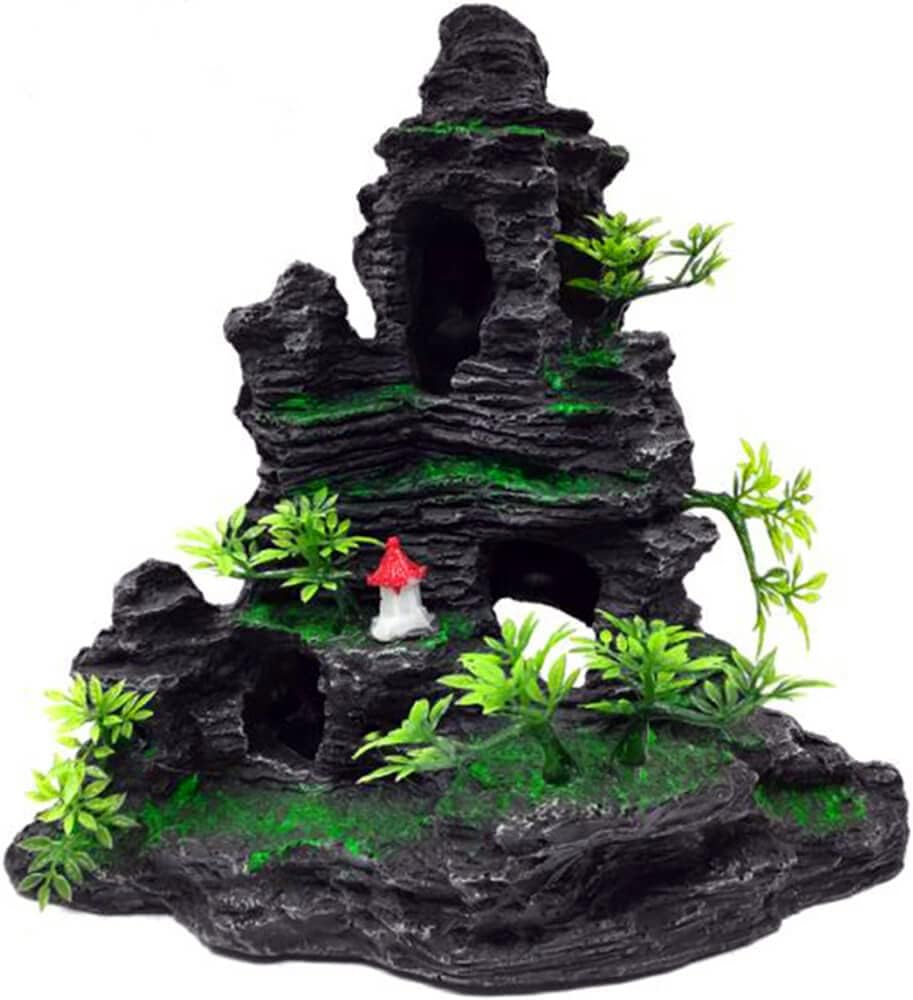 Aquarium Ornament - Mountain View Stone Tree Rock Cave Fish Tank Decorations with Small Pavilion