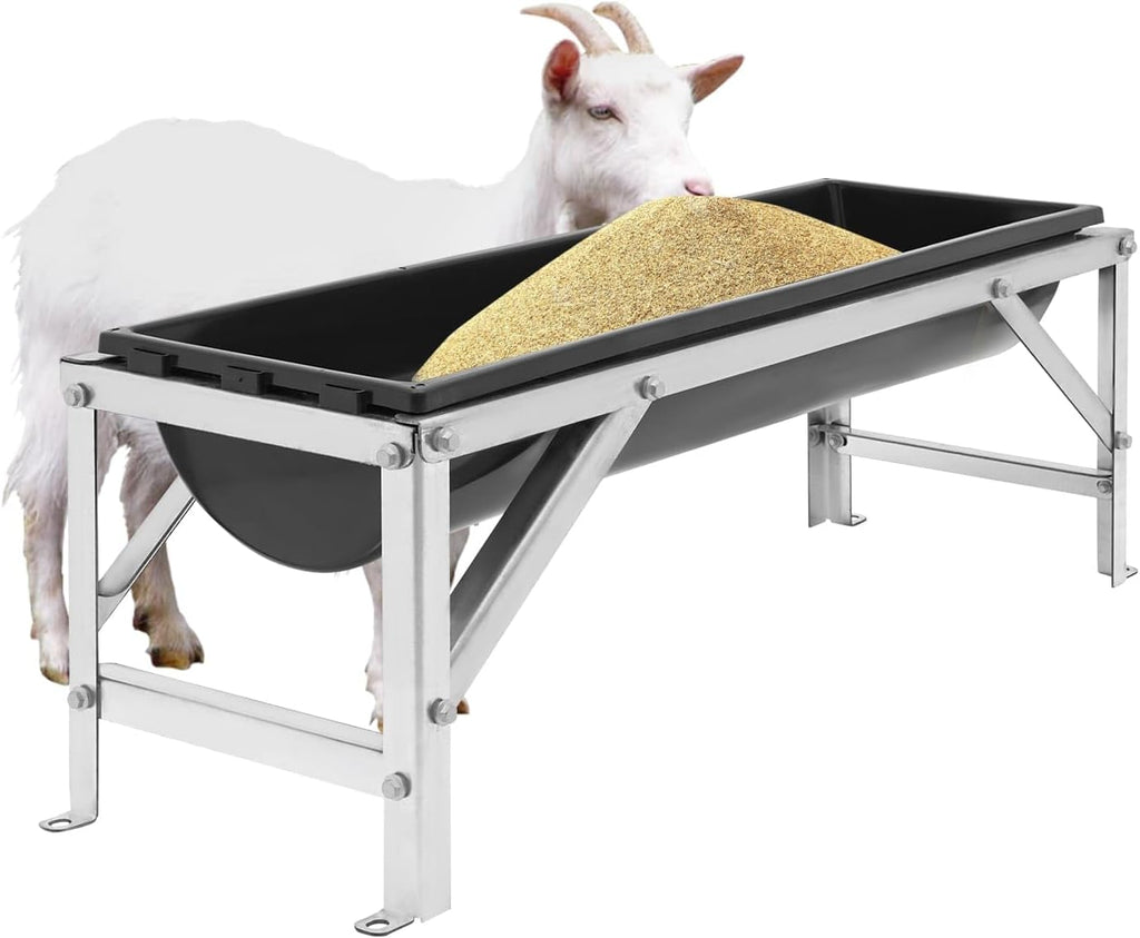 Livestock Feed Trough with Metal Stand 39" Long Large Capacity Livestock Feeder for Lambs Foals Calves Sheep Horses Alpacas and Goats in Farm (Silver+Black)