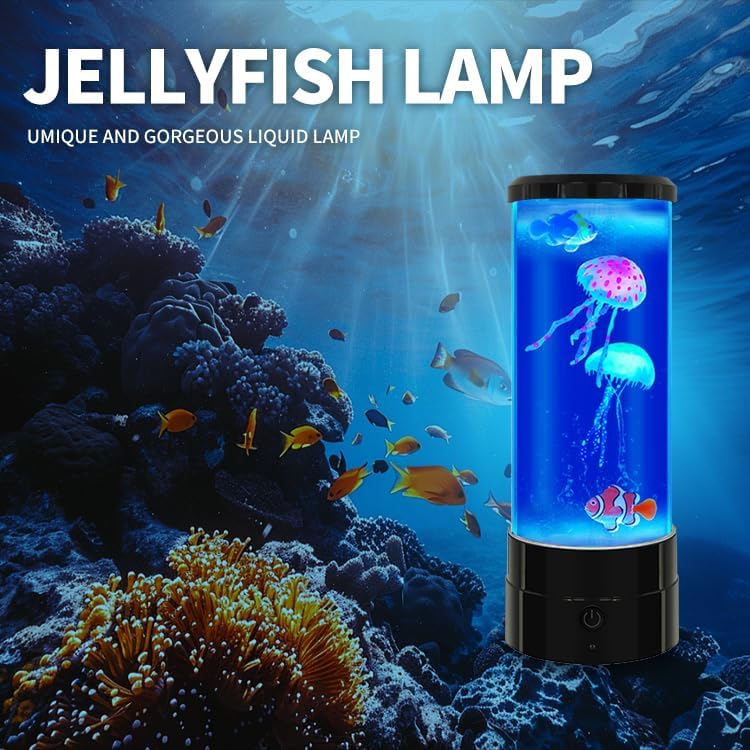 Jellyfish Lamp 12"-Black Minimalist Cylinder Table Lamp with 2 Large Jellyfish & 2 Fish,16 Color Changing LED,USB Powered,Remote Control,Jellyfish Light Lamp for Bedroom,Home Decor