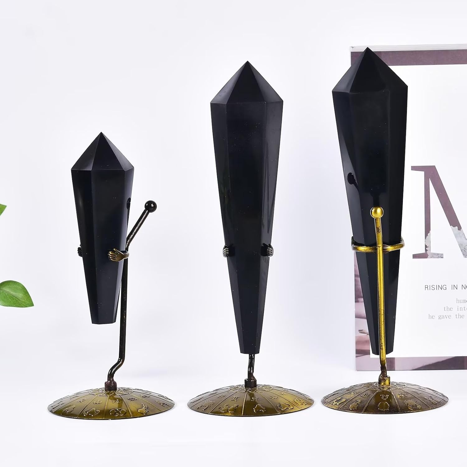 Obsidian Wand Point Long Healing Crystal Scepter Decorative Stone Reiki Meditation with Display Stand Home Office Decor 0.6-0.8LBS