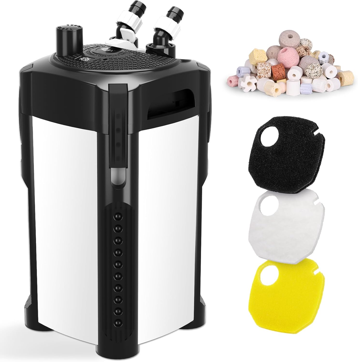 AQQA 475GPH Canister Filter, Ultra-Quiet External Aquarium Canister Filters, 3 Stage Filtration Aquarium Filter with Quartz Balls and Filter Cotton for Fish Tanks and Aquariums Up to 100 Gallon 25W