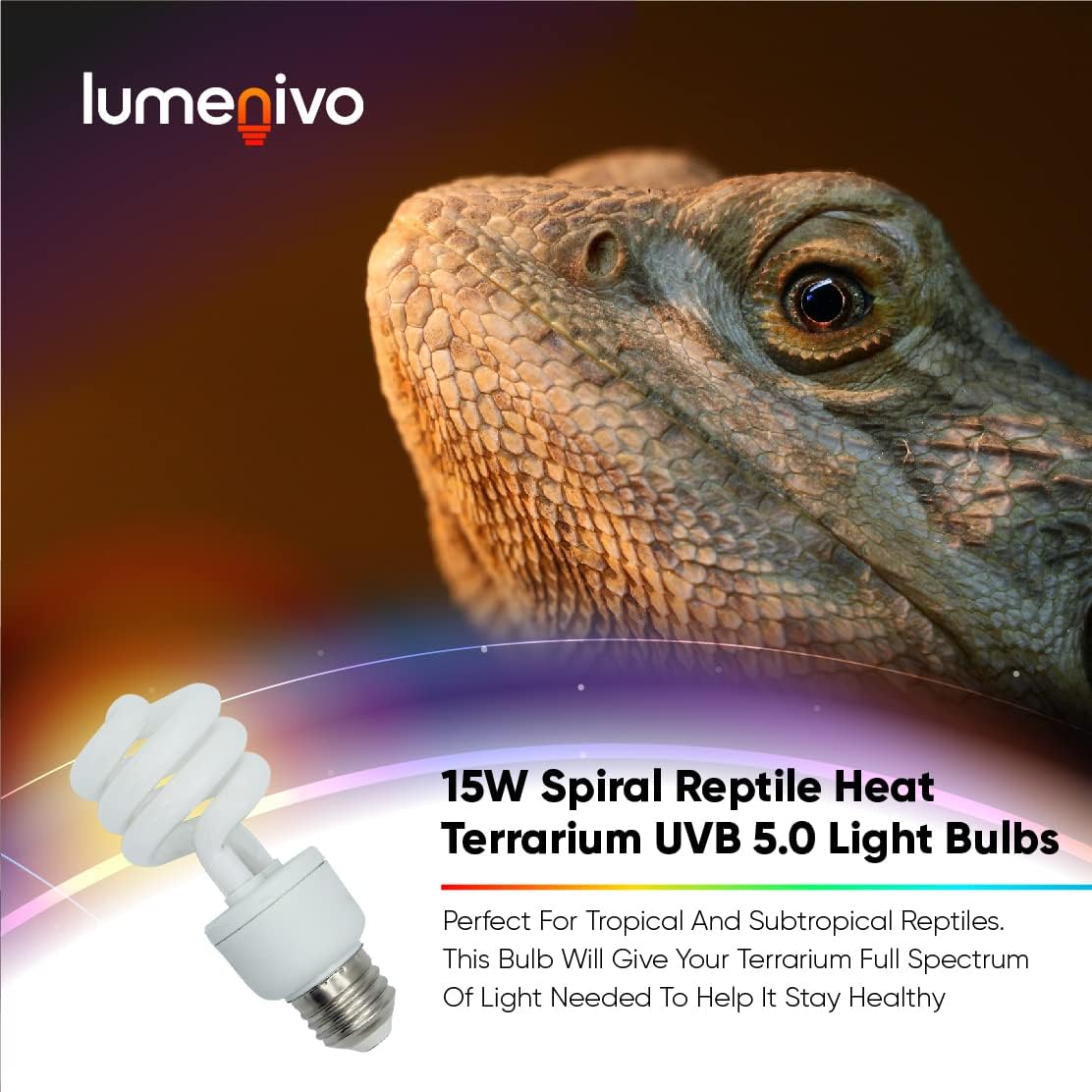 lumenivo 15 Watt UVB Reptile Light 5.0 15W Spiral Reptile Heat Terrarium Light Bulbs for Turtles, Gecko, Tortoise, Snake, Lizard, Chameleons, and Insects - 120V - 3 Pack