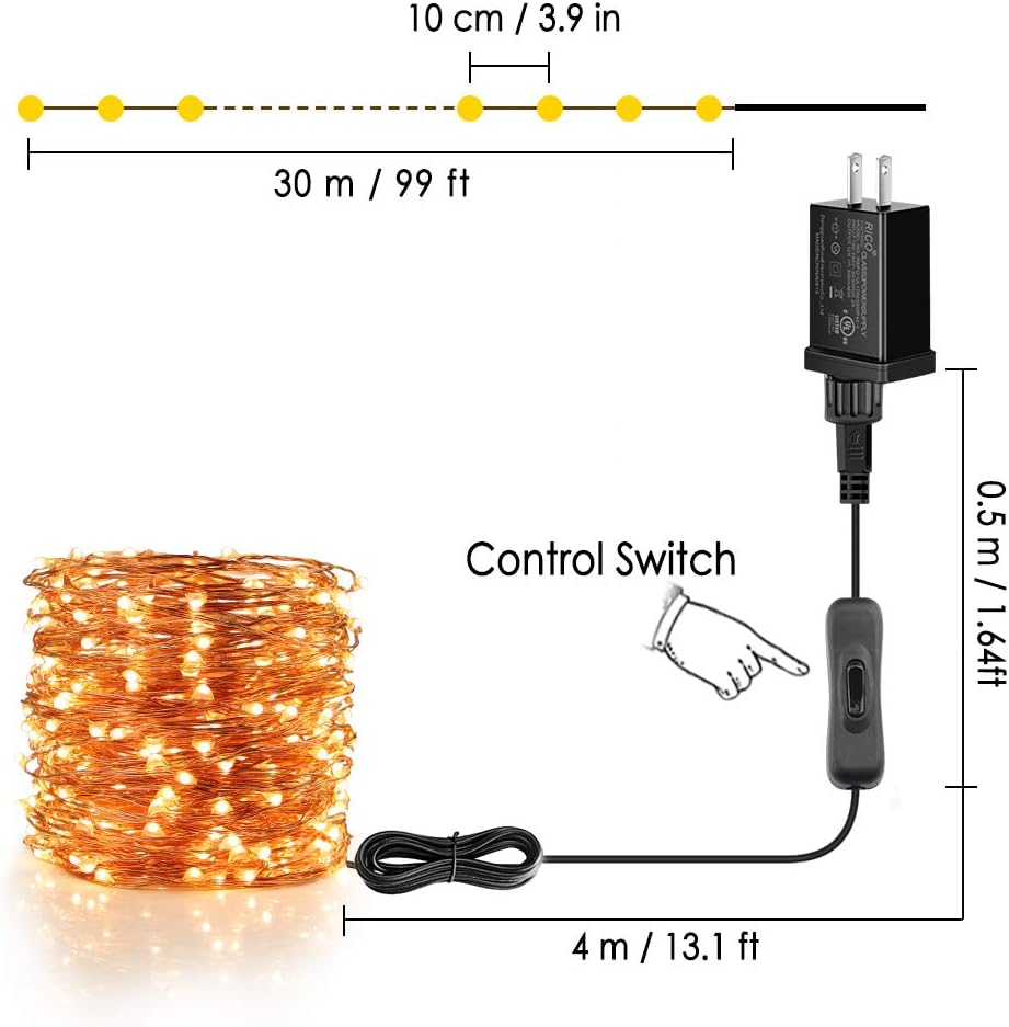 Moobibear LED String Lights 99ft UL Listed Plug in Fairy Lights 300 LED Warm White Waterproof Copper String Lights with ON/Off Switch for Bedroom Patio Birthday Wedding Valentines Day Decor