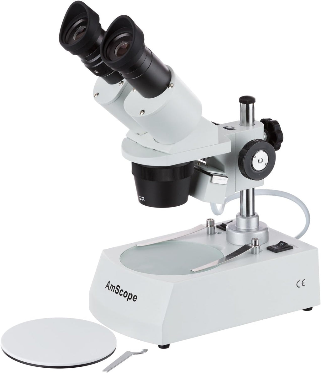 AmScope SE306R-P20 Forward-Mounted Binocular Stereo Microscope, WF20x Eyepieces, 40X and 80X Magnification, 2X and 4X Objectives, Upper and Lower Halogen Lighting, Reversible Black/White Stage Plate, Pillar Stand, 120V