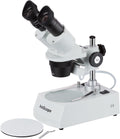 AmScope SE306R-P20 Forward-Mounted Binocular Stereo Microscope, WF20x Eyepieces, 40X and 80X Magnification, 2X and 4X Objectives, Upper and Lower Halogen Lighting, Reversible Black/White Stage Plate, Pillar Stand, 120V