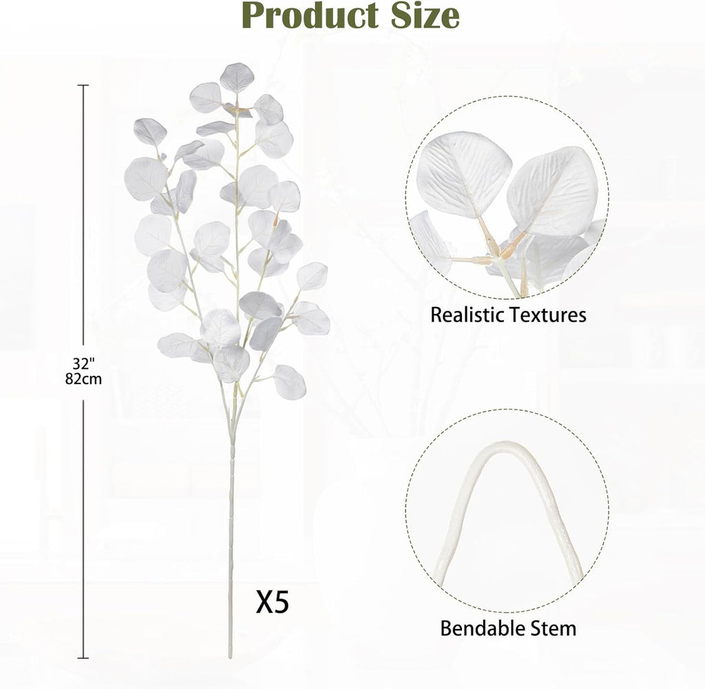DILATATA Faux White Eucalyptus Stems – 32” Artificial Willow Leaves, 5 Pcs Long White Eucalyptus Branches for DIY Bouquets, Centerpieces, Shower & Wedding Decorations