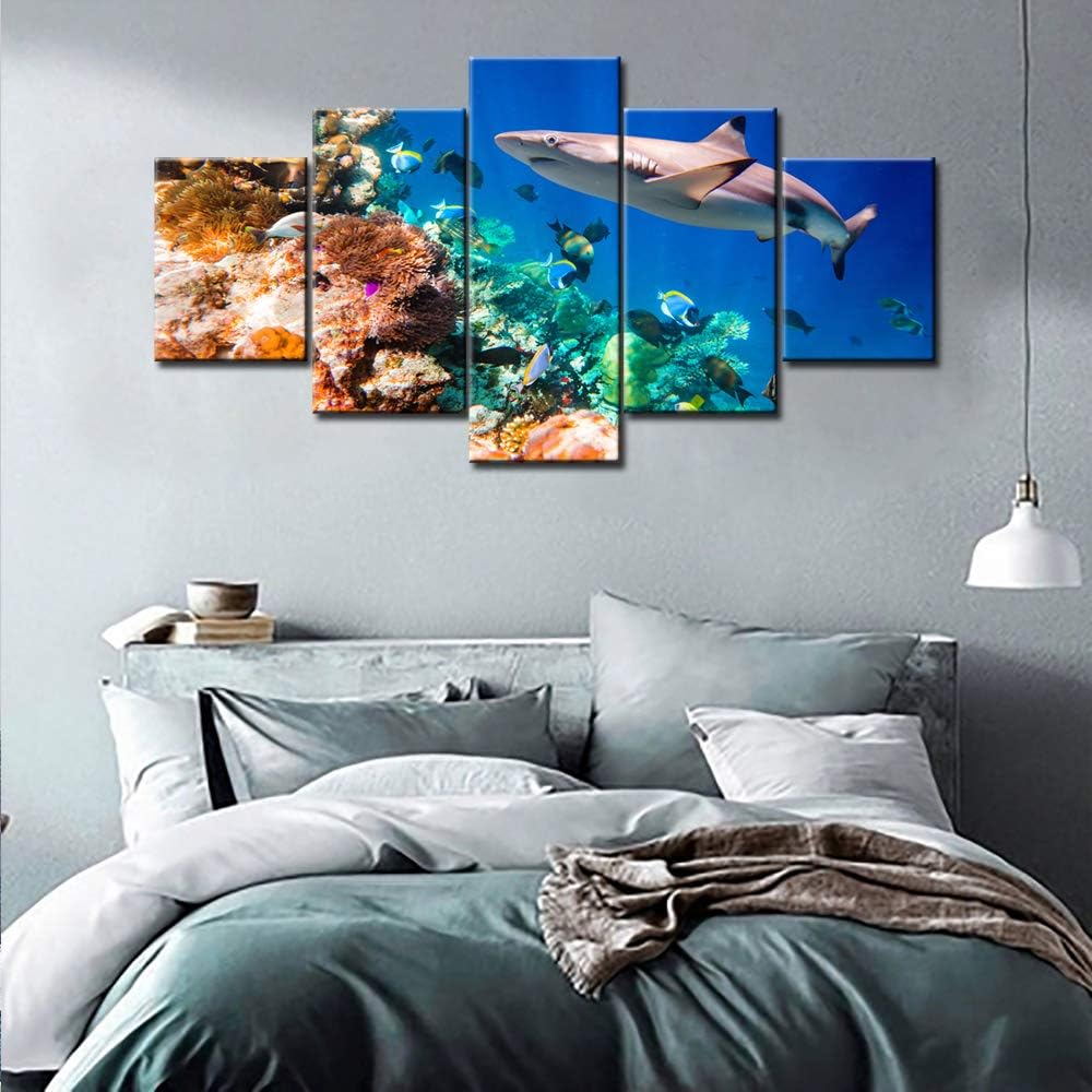 Shark and Small Fishes Wall Art Coral Reef Picture Marine Animal Framed Paintings for Living Room 5 Piece Prints on Canvas Underwater World Artwork House Decor Giclee Ready to Hang(60''Wx 32''H)