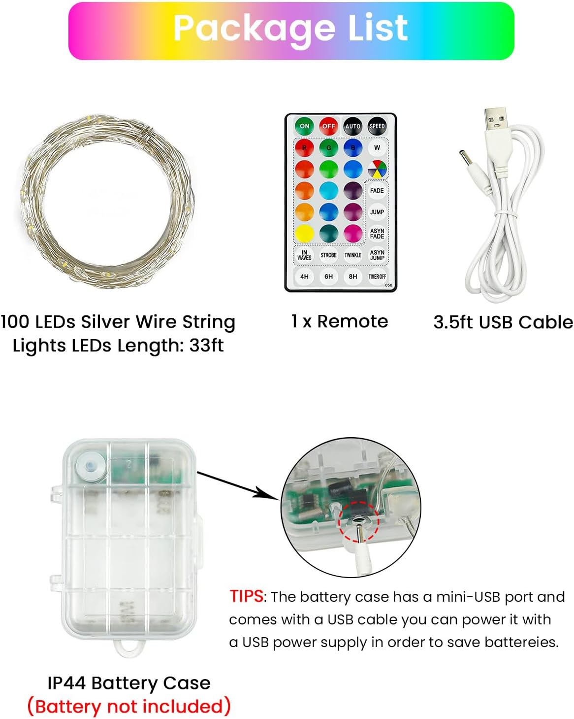 RGB Color Changing 33Ft 100LED Christmas Fairy Lights Battery Operated, Waterproof String Lights USB Powered with Timer for Indoor & Outdoor,18 Colors and Multicolor for Girl's Bedroom Christmas Decor
