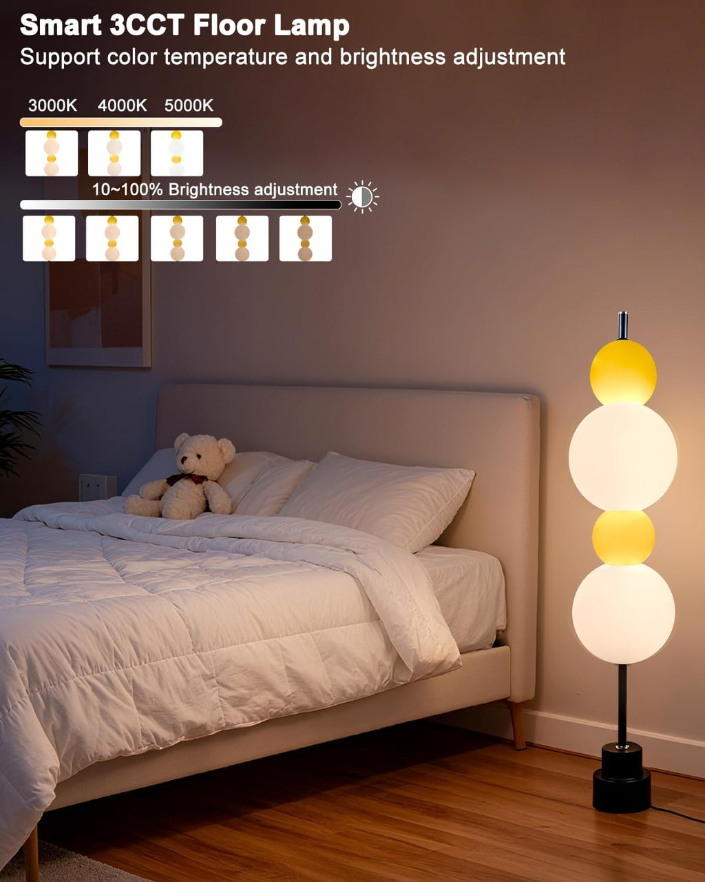 Lightdot Yellow Globe Floor Lamp with 3 Color Temperatures LED Bulbs,Dimmable Floor Lamps with Touch Switch,Unique Modern Standing Tall Lamp for Bedroom Living Room Home Office