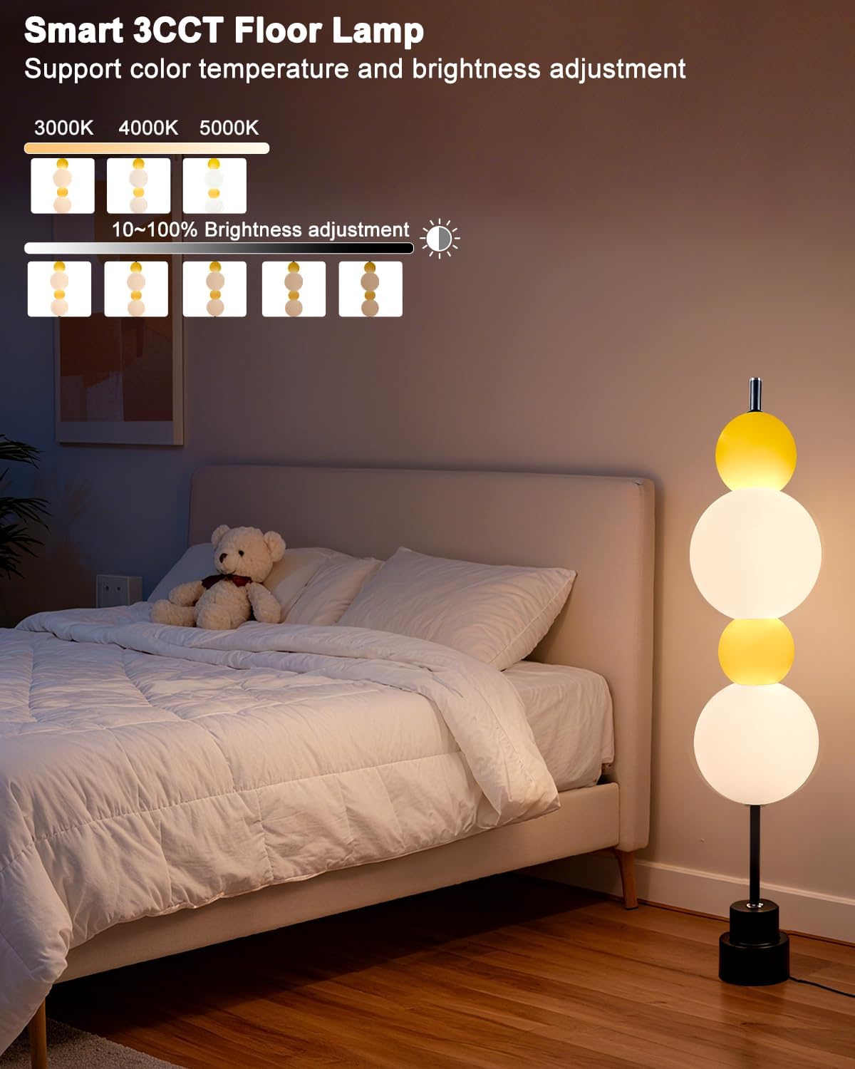 Lightdot Yellow Globe Floor Lamp with 3 Color Temperatures LED Bulbs,Dimmable Floor Lamps with Touch Switch,Unique Modern Standing Tall Lamp for Bedroom Living Room Home Office