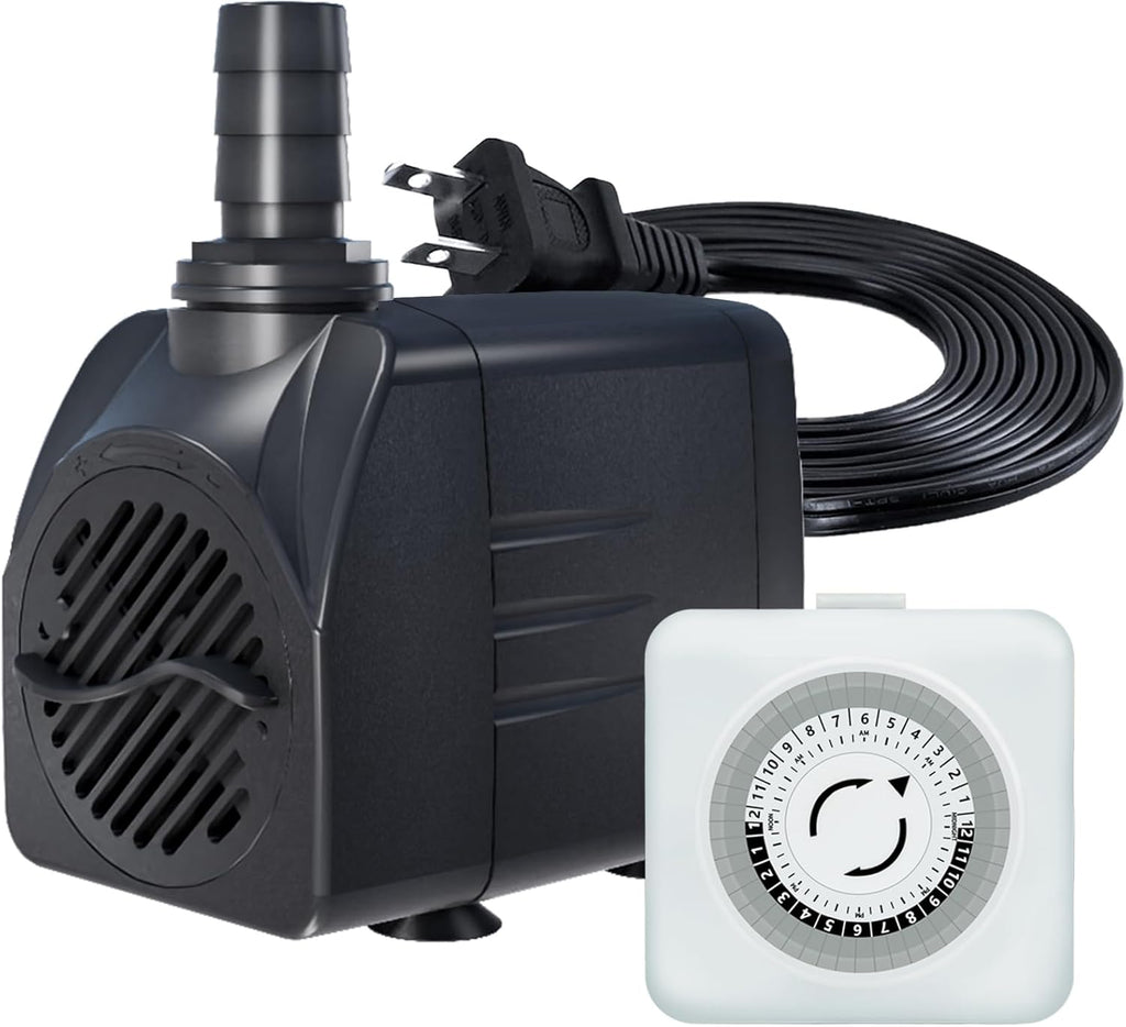 Fountain Water Pump 400GPH with Indoor Mechanical Timer Ultra Quiet 8.2ft High Lift for Fountains, Hydroponics, Ponds, Aquariums & More……