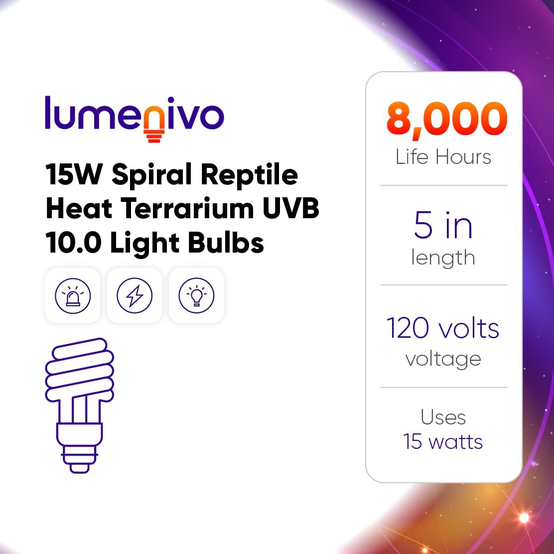 lumenivo UVB Reptile Light 15W 10.0 Desert Terrarium UVB Bulb for Bearded Dragon, Dwarf Monitors, Veiled Chameleons - Simulates UVB from The Sun to Help in Calcium Absorption - 120V - 1 Pack