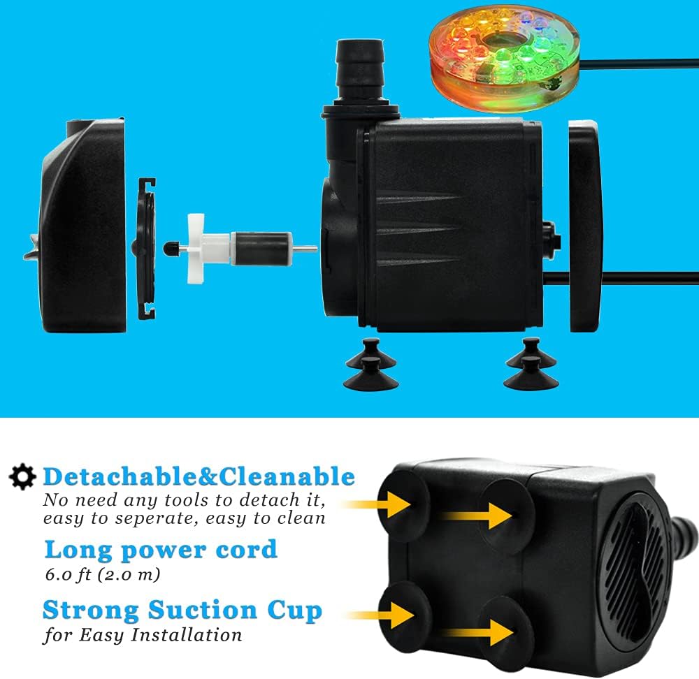 PULACO 160GPH Small Fountain Pump, 10Watt Submersible Pump with Automatic Color Changing LED Light and 3.3 ft Tubing for Water Feature, Outdoor Pond, Aquarium fish tanks