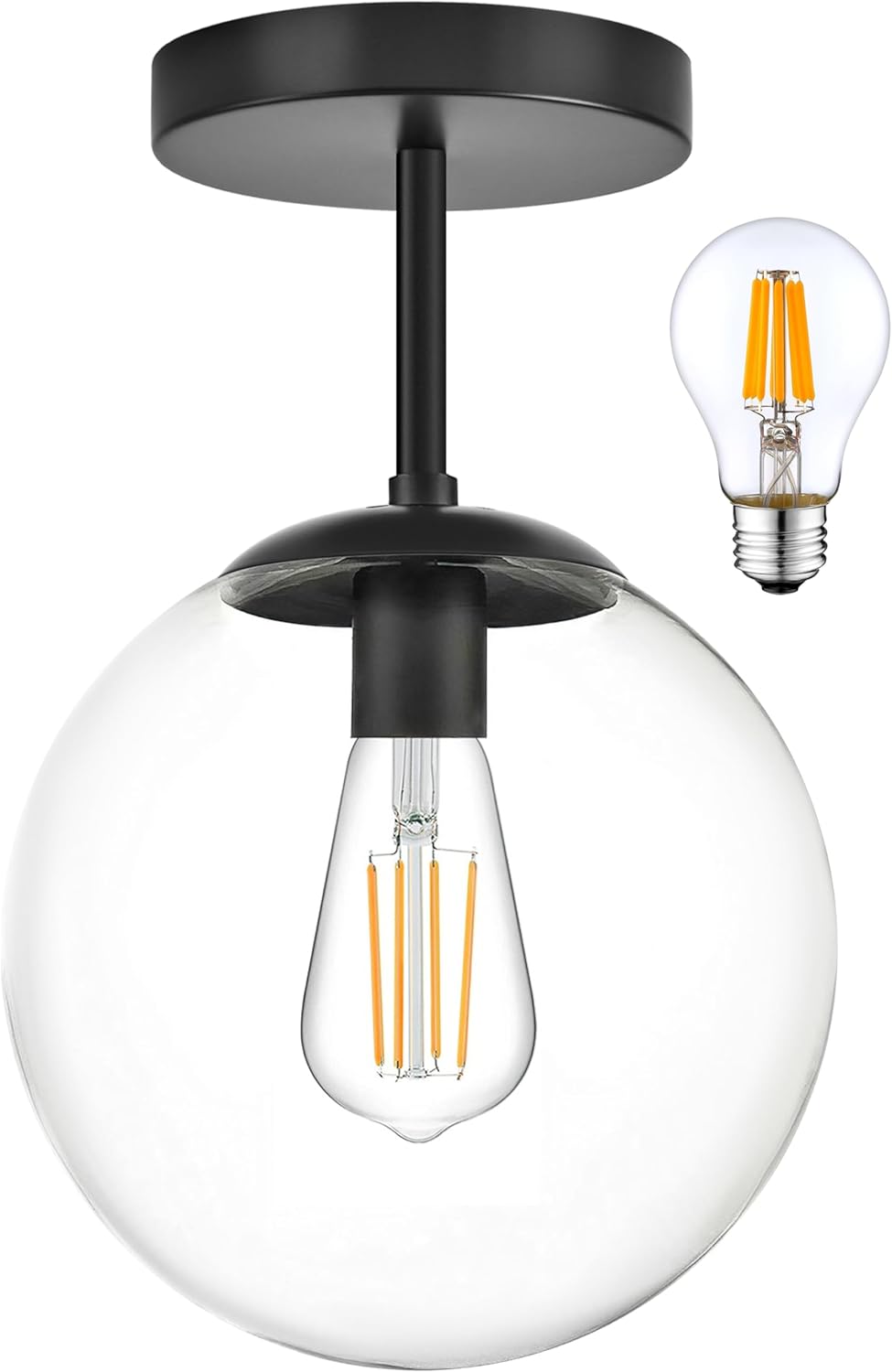 Globe Semi Flush Mount Ceiling Light Clear Glass Globe Ceiling Light Matte Black Finish Contemporary Mid Century Modern Style Lighting Fixture Hallway Living Room Kitchen Bedroom Storage (Bulb Incl.)