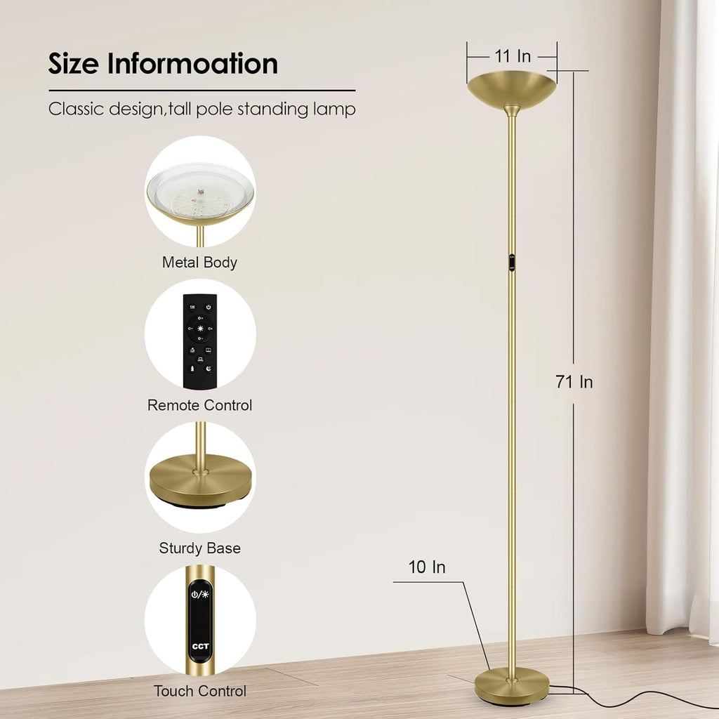 Stepless Dimmable Floor Lamp,30W 3000LM Super Bright LED Torchiere Floor Lamps with Remote & Touch Control,71 In Tall Modern Pole Standing Lamp for Living Room Bedroom Office,2700k-6500k,Golden