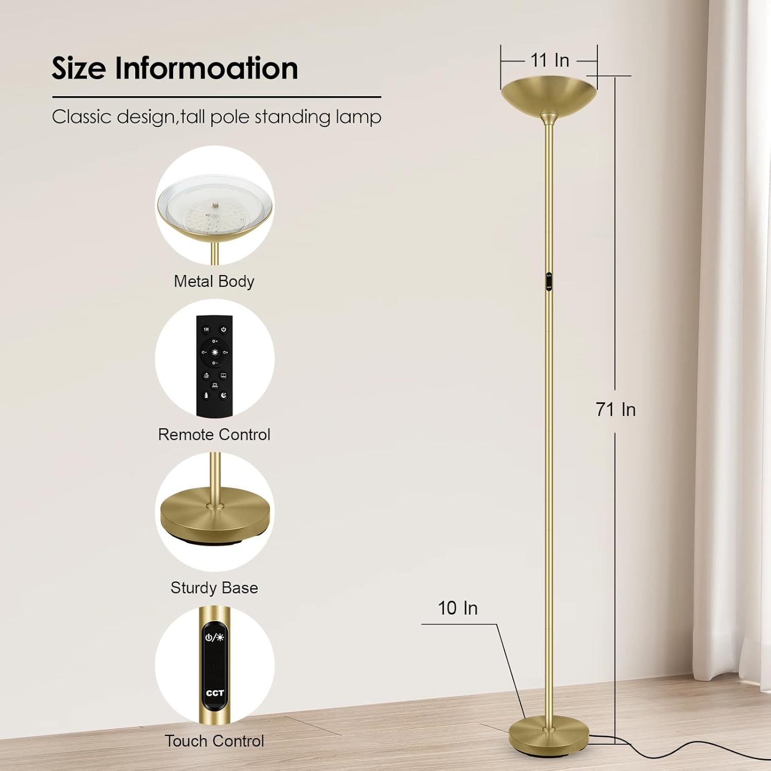 Stepless Dimmable Floor Lamp,30W 3000LM Super Bright LED Torchiere Floor Lamps with Remote & Touch Control,71 In Tall Modern Pole Standing Lamp for Living Room Bedroom Office,2700k-6500k,Golden