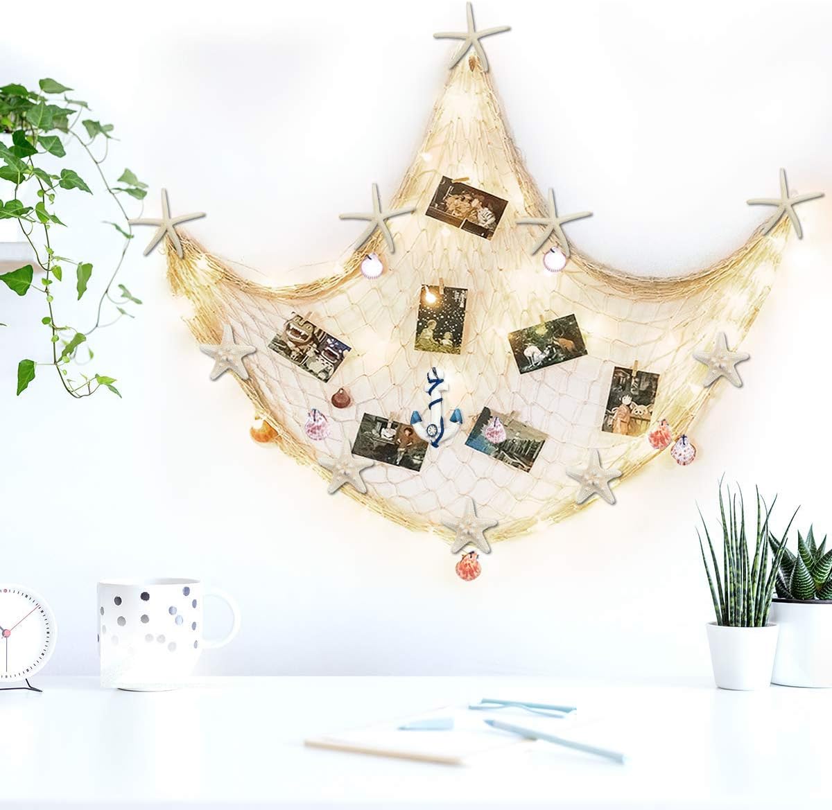 79 x 59 inch Nature Fish Net Wall Decoration with Colorful Sea Shells and 10 Pcs Natural Starfish Ocean Themed Mediterranean Style Fishing Net for Beach Party,Wedding,photography Wall Decoration