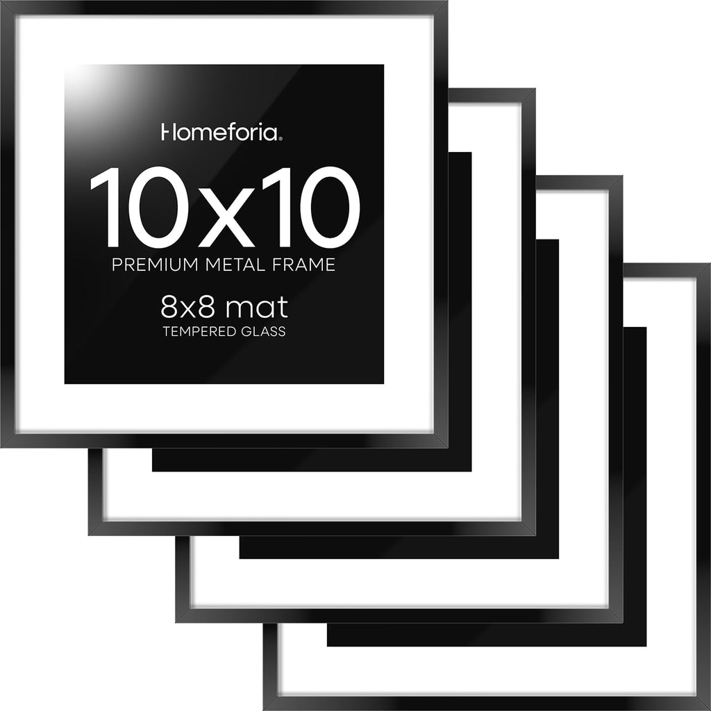 Homeforia 10x10 Black Picture Frame, High End Metal 10 by 10 Square Frames with Mat 8 x 8 Opening, 10by10 Poster Frames Matted to 8x8 Photo, Wall or Tabletop Frames, Tempered Glass, Wall Kit, Set of 4