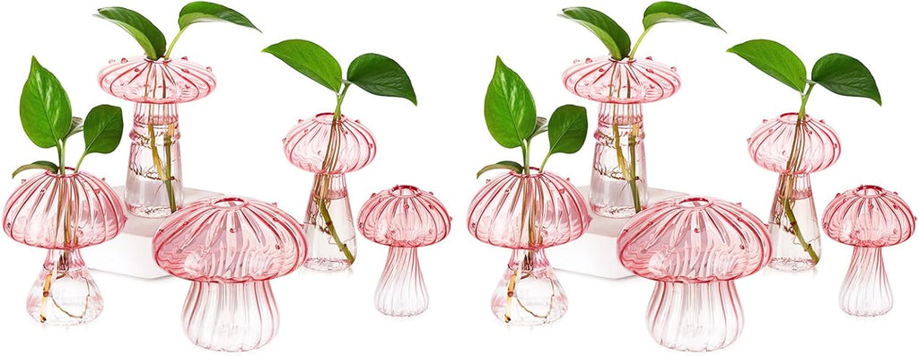 Hewory Mushroom Jars for Plants, 10pcs Pink Glass Mushroom Bud Vase for Flowers, Unique Plant Propagation Stations Propagating Vases Decor, Mini Cute Hydroponic Terrarium Planter for Indoor Planters