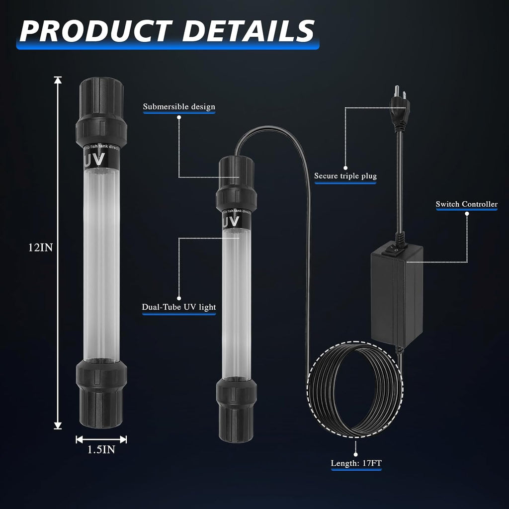20W UV Submersible Sterilizer Light for Aquarium, Pond, Cold Plunge, Pool, Hot Tub – Ozone-Free UV-C Water Filter Lamp with Quartz Glass, Weighted Gravity Block