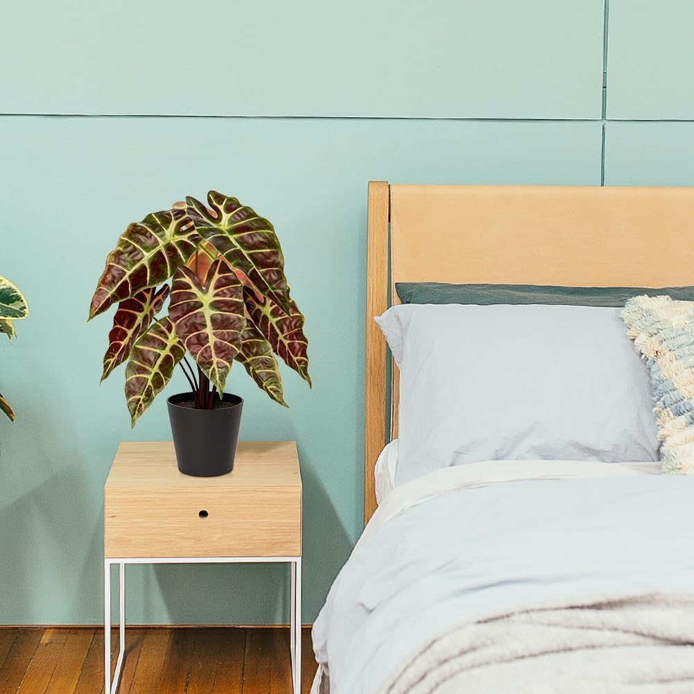 Briful Fake Plant Real Touch Artificial Alocasia Bambino Plant in Black Nursery Pot Faux Alocasia Polly Houseplant for Shelf Tabletop Centerpieces Farmhouse Home Décor, Purple Green